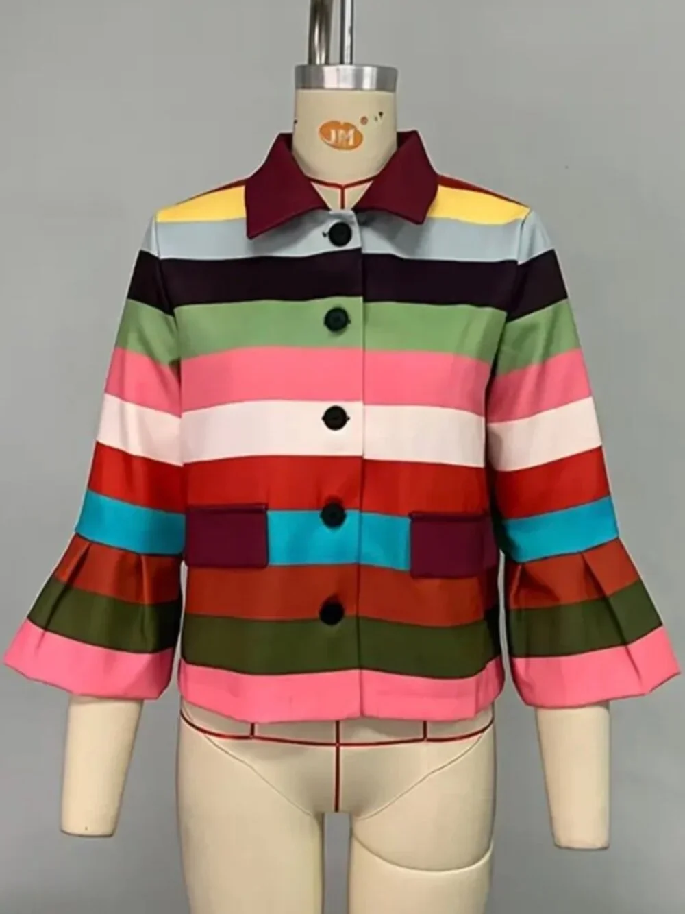 Female Vintage Multi-Colored Striped Lapel Elegant Jackets New Flared Sleeves